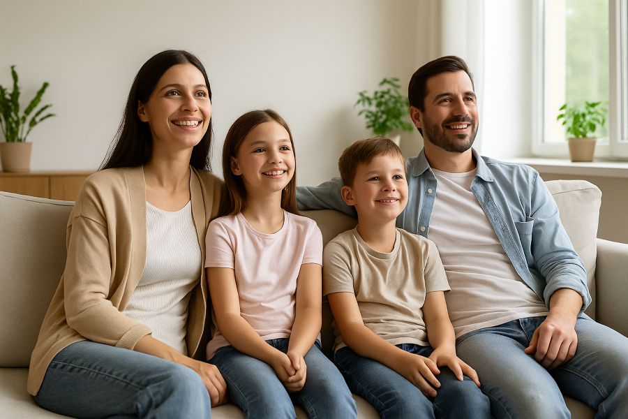 Beneficios de contratar profesionales para la limpieza de moho Limpieza de moho en Cuenca. Familia feliz en el salón viendo la TV desde el sofa.